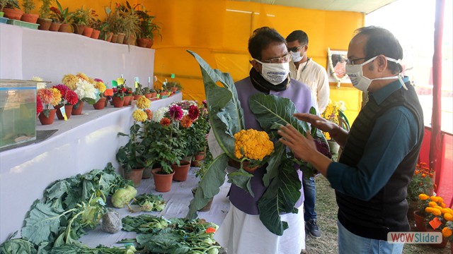 Shri Biswanath Das, Hon'ble MLA, Joynagar  enquiring about the bio fortified vegetables at the RAKVK stall of the Agriculture Exhibition